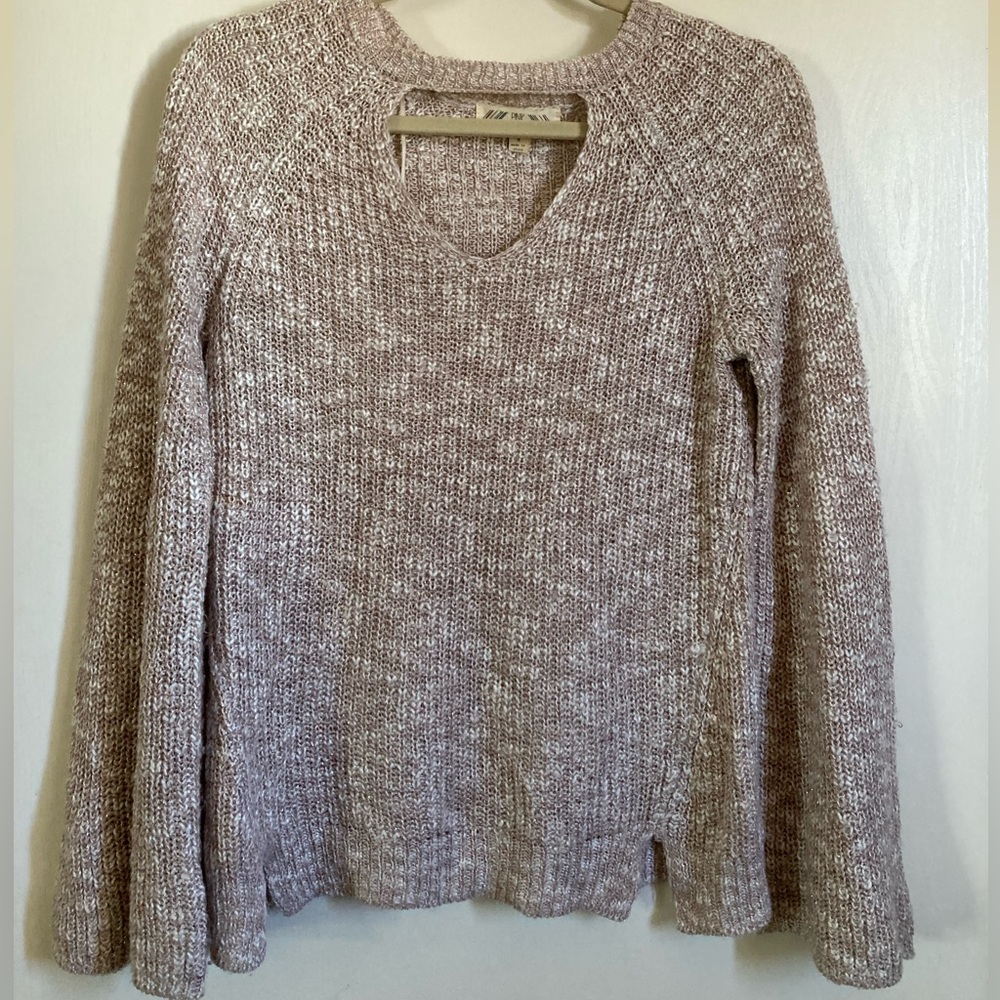 🌞Pink Rose Keyhole on Front Pink & White Marbled Long Bell Sleeve Sweater #Gy